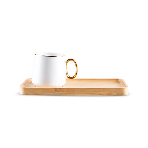 Karaca Ada 4-Piece Bone China Coffee Cup Set with Bamboo Saucer, 90ml, White