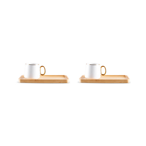 Karaca Ada 4-Piece Bone China Coffee Cup Set with Bamboo Saucer, 90ml, White