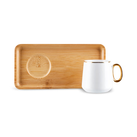 Karaca Ada 4-Piece Bone China Coffee Cup Set with Bamboo Saucer, 90ml, White