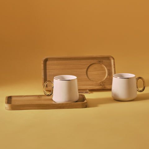 Karaca Ada 4-Piece Bone China Coffee Cup Set with Bamboo Saucer, 90ml, White