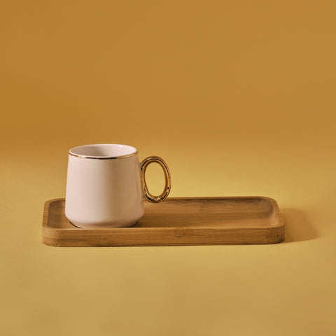 Karaca Ada 4-Piece Bone China Coffee Cup Set with Bamboo Saucer, 90ml, White
