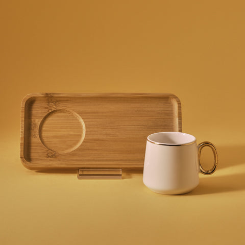 Karaca Ada 4-Piece Bone China Coffee Cup Set with Bamboo Saucer, 90ml, White