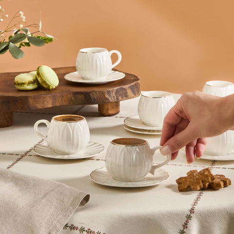 Karaca Eylul 12-Piece Bone China Espresso Turkish Coffee Cup Set for 6 People, 85ml, White