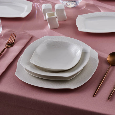 Karaca Square Bone China Fancy Embossed 53-Piece Porcelain Dinner Set for 12 People, White