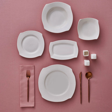Karaca Square Bone China Fancy Embossed 53-Piece Porcelain Dinner Set for 12 People, White