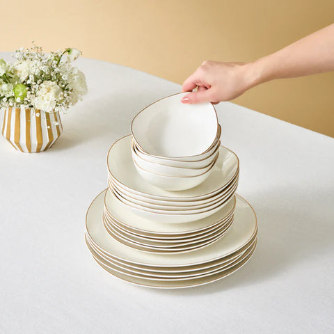 Karaca Stream Bone China Middle 53-Piece Dinner Set for 12 People, Gold