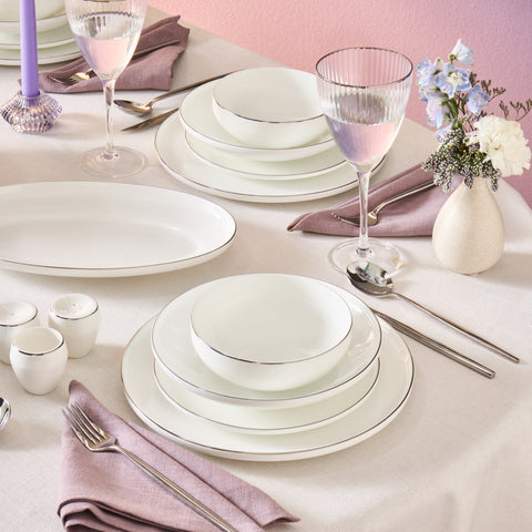 Karaca Fine Bone New Meridian 55-Piece Dinner Set for 12 People, Platin