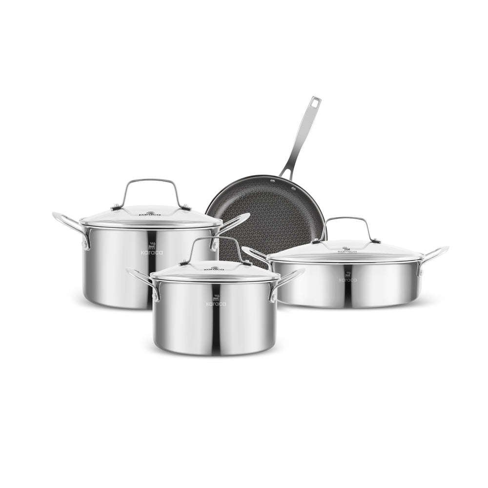 Karaca Ceramica Steel 3Ply Stainless Steel 7-Piece Induction Non-Stick Cookware Set, Silver