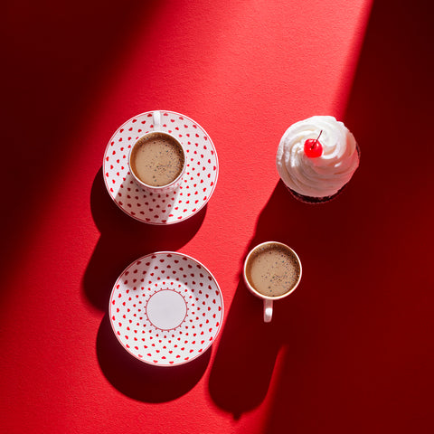 Karaca Sweet Love 4-Piece Bone China Espresso Turkish Coffee Cup for 2 People, 80ml, White Red