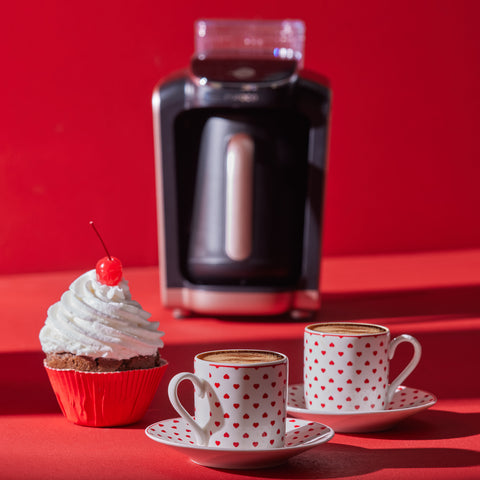 Karaca Sweet Love 4-Piece Bone China Espresso Turkish Coffee Cup for 2 People, 80ml, White Red