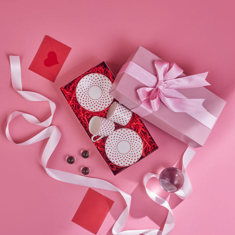 Karaca Sweet Love 4-Piece Bone China Espresso Turkish Coffee Cup for 2 People, 80ml, White Red