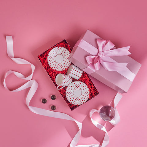 Karaca Sweet Love 4-Piece Bone China Espresso Turkish Coffee Cup for 2 People, 80ml, White Red