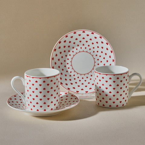 Karaca Sweet Love 4-Piece Bone China Espresso Turkish Coffee Cup for 2 People, 80ml, White Red
