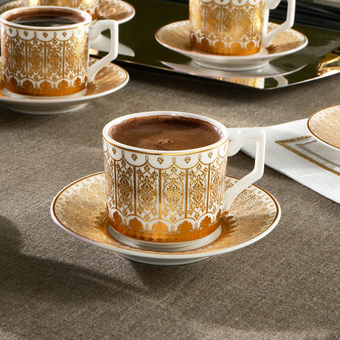 Karaca Aslı 12-Piece Bone China Espresso Turkish Coffee Cup for 6 People, 100ml, Gold