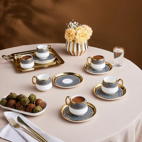 Karaca Suadiye 12-Piece Porcelain Espresso Turkish Coffee Cup for 6 People, 90ml, Blue