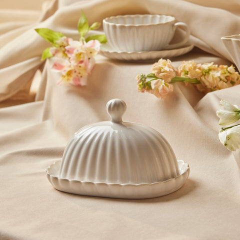 Karaca New Daisy Stoneware Butter Dish, 18,5cm, White