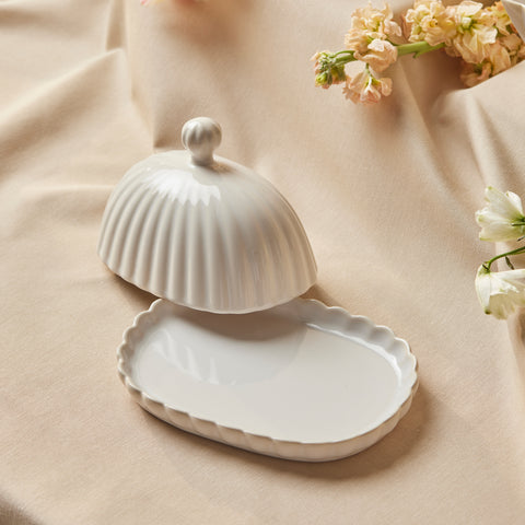 Karaca New Daisy Stoneware Butter Dish, 18,5cm, White