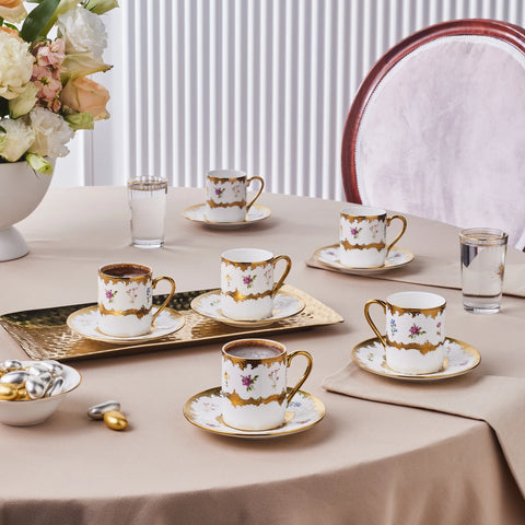 Karaca Bihter 12-Piece Bone China Espresso Turkish Coffee Cup for 6 People, 90ml, Multi