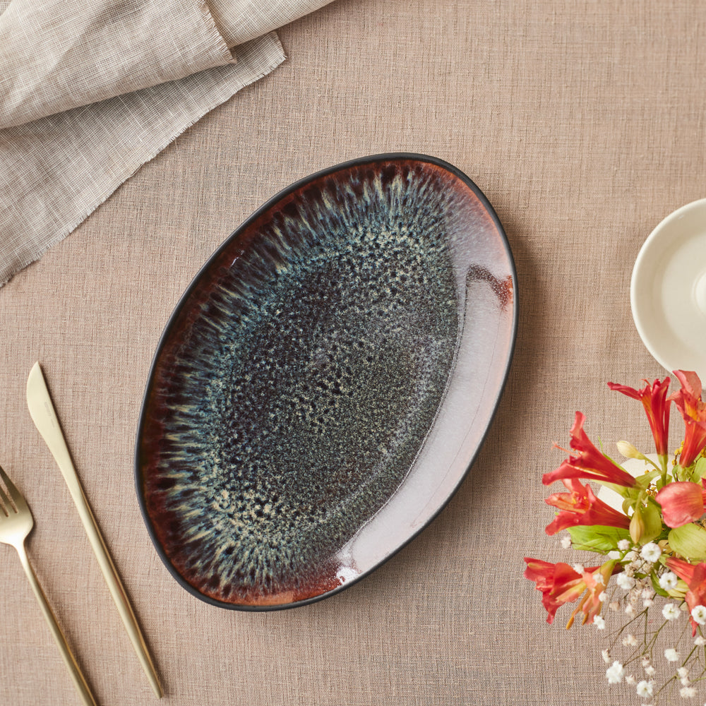 Karaca Earth Collection New Galactic Reactive Glaze Serving Platter, 30cm, Black