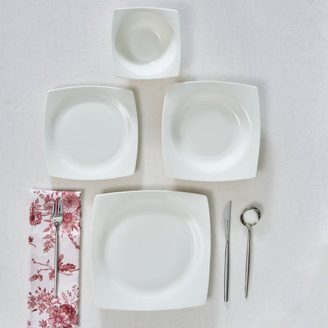 Karaca Square Bone China Mensa 24-Piece Dinner Set for 6 People, White