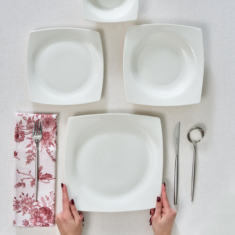 Karaca Square Bone China Mensa 24-Piece Dinner Set for 6 People, White