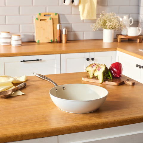 Karaca Swiss Crystal Almond Cream Non-Stick Induction Handle Wok, 28cm, Cream