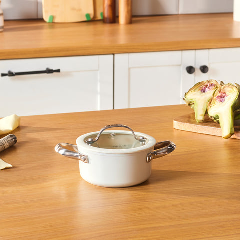 Karaca Swiss Crystal Almond Cream Non-Stick Induction Stainless Steel Handle Casserole & Lid, 14cm, Cream