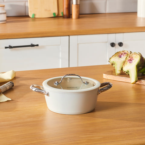 Karaca Swiss Crystal Almond Cream Non-Stick Induction Stainless Steel Handle Casserole & Lid, 18cm, Cream