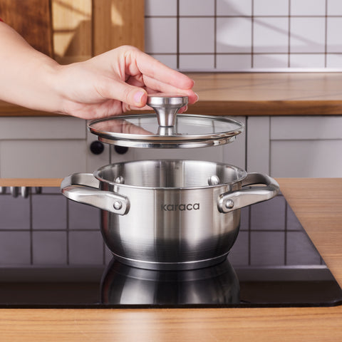 Karaca Elite Stainless Steel Induction Mini Stock Pot & Lid, 14cm, Silver