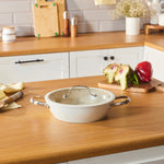 Karaca Swiss Crystal Almond Cream Non-Stick Induction Stainless Steel Handle Shallow Casserole & Lid, 26cm, Cream