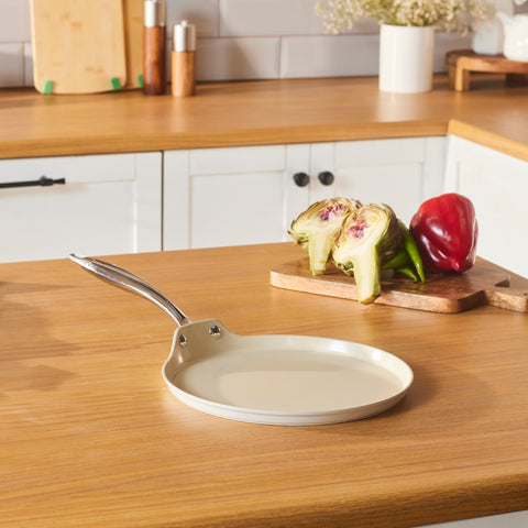 Karaca Swiss Crystal Almond Cream Non-Stick Induction Stainless Steel Handle Pancake Pan, 25cm, Cream