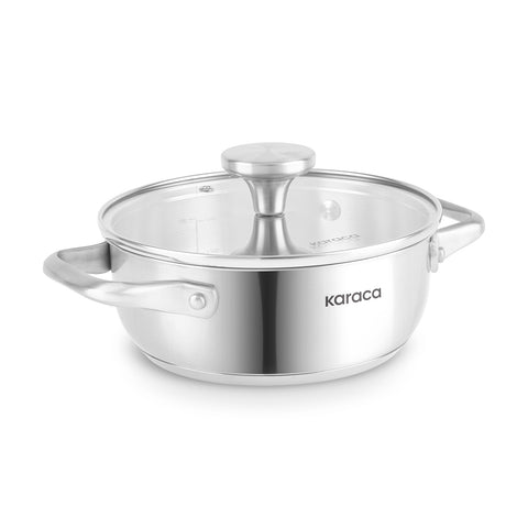 Karaca Elite Stainless Steel Induction Shallow Casserole & Lid, 18cm, Silver