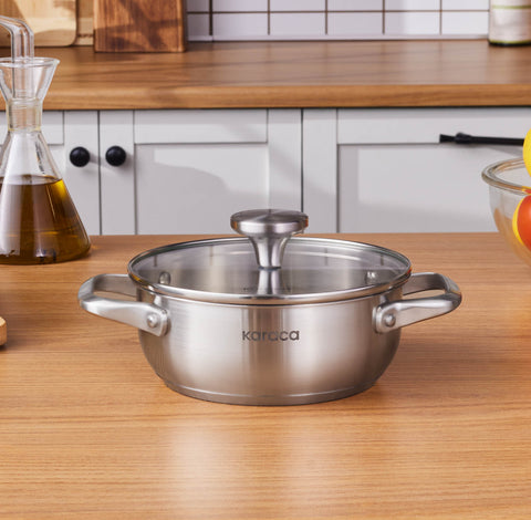 Karaca Elite Stainless Steel Induction Shallow Casserole & Lid, 18cm, Silver