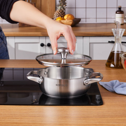 Karaca Elite Stainless Steel Induction Shallow Casserole & Lid, 18cm, Silver