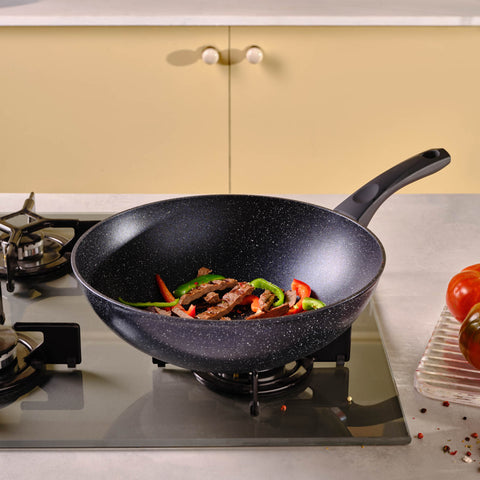 Karaca Aqua Granite Non-Stick Induction Wok Pan, 28cm, Blue