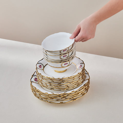 Karaca Royal Bone China Elizabeth 55-Piece Dinner Set for 12 People, Gold