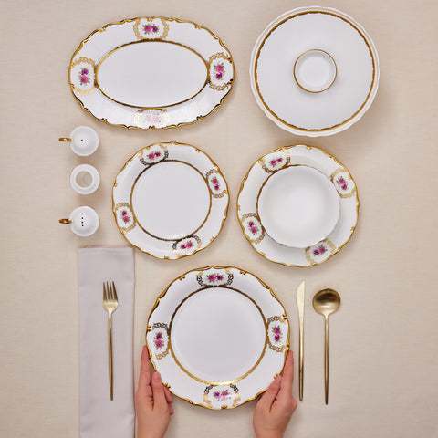 Karaca Royal Bone China Elizabeth 55-Piece Dinner Set for 12 People, Gold