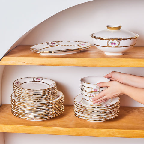 Karaca Royal Bone China Elizabeth 55-Piece Dinner Set for 12 People, Gold