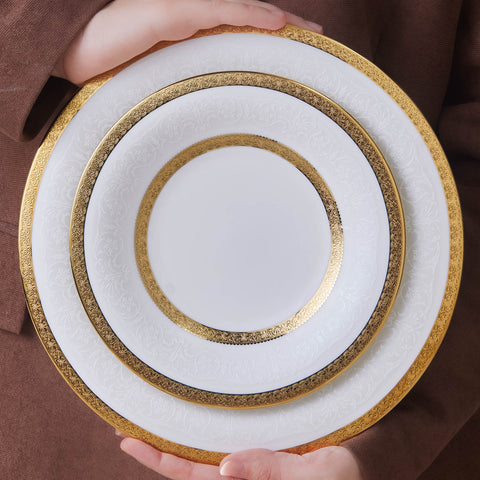 Karaca Royal Bone China Victoria 55-Piece Dinner Set for 12 People, Gold
