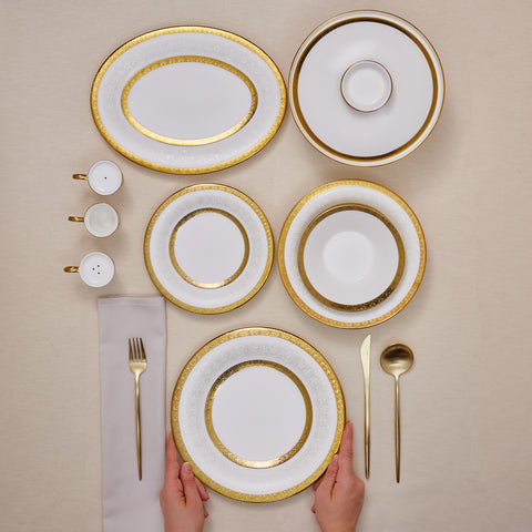 Karaca Royal Bone China Victoria 55-Piece Dinner Set for 12 People, Gold