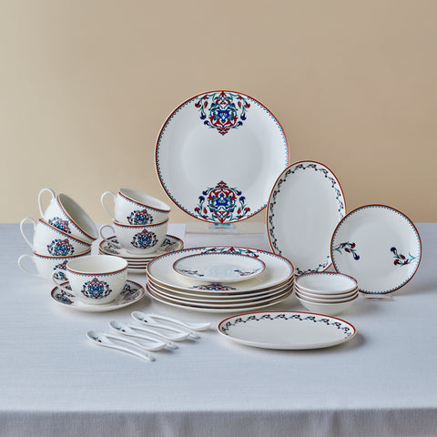 Karaca Forever Bone China Nakkaş 32-Piece Tea &amp; Serving Set for 6 People, Multicolour