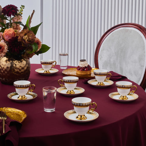 Karaca Hürrem Bone China 12-Piece Espresso Turkish Coffee Cup for 6 People, 90ml, White Gold