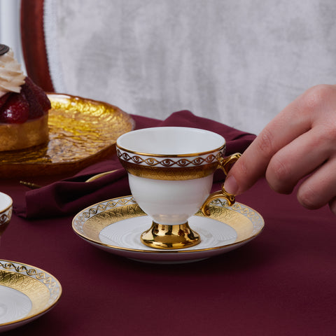 Karaca Hürrem Bone China 12-Piece Espresso Turkish Coffee Cup for 6 People, 90ml, White Gold