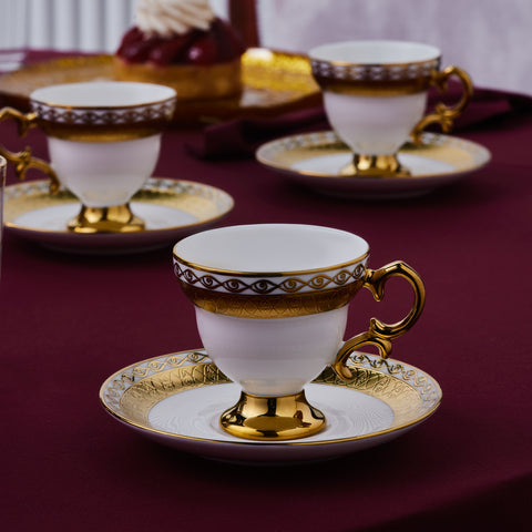 Karaca Hürrem Bone China 12-Piece Espresso Turkish Coffee Cup for 6 People, 90ml, White Gold