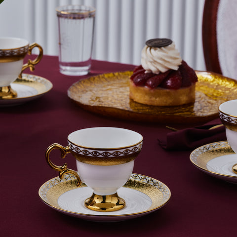 Karaca Hürrem Bone China 12-Piece Espresso Turkish Coffee Cup for 6 People, 90ml, White Gold