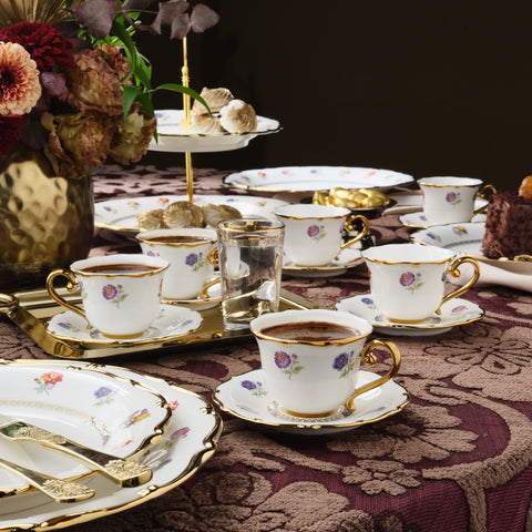 Karaca Royal Bone China Diana 12-Piece Espresso Turkish Coffee Cup for 6 People, 90ml, White Gold
