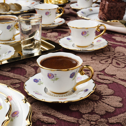 Karaca Royal Bone China Diana 12-Piece Espresso Turkish Coffee Cup for 6 People, 90ml, White Gold