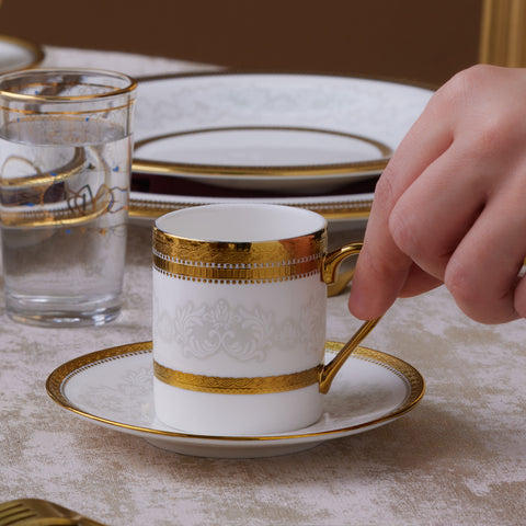 Karaca Royal Bone China Charlotte 12-Piece Espresso Turkish Coffee Cup for 6 People, 90ml, Gold