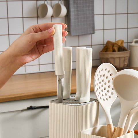 Karaca Massimo 12-Piece Knife Block Set, Chopping Board and Kitchen Utensil Set, Cream