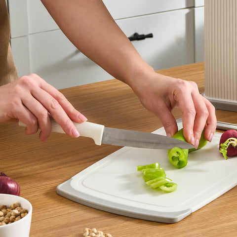 Karaca Massimo 12-Piece Knife Block Set, Chopping Board and Kitchen Utensil Set, Cream